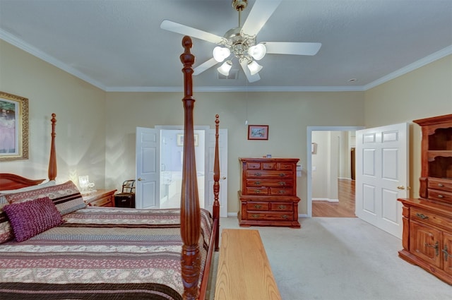 bedroom with ceiling fan, crown molding, and light carpet