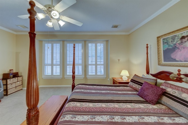 bedroom featuring ceiling fan, crown molding, and light carpet