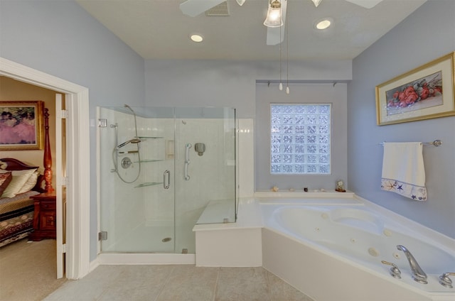 bathroom with separate shower and tub, ceiling fan, and tile patterned flooring