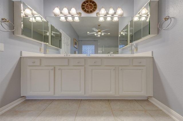 bathroom featuring tile patterned floors, ceiling fan, vanity, and vaulted ceiling