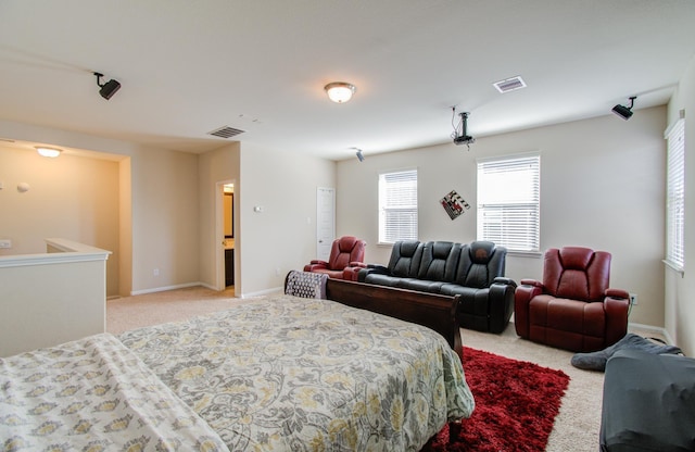 bedroom with light colored carpet and ensuite bathroom