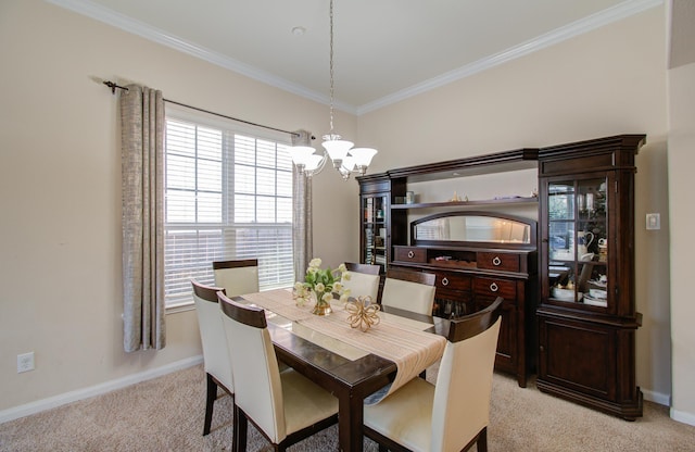 carpeted dining area featuring a notable chandelier and ornamental molding