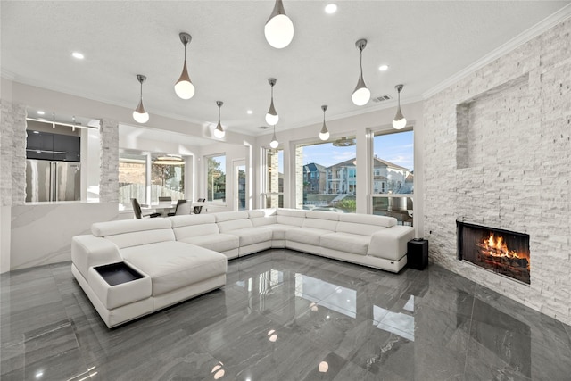 unfurnished living room featuring a textured ceiling, a stone fireplace, and crown molding