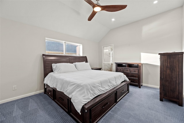 bedroom with ceiling fan, carpet, and lofted ceiling