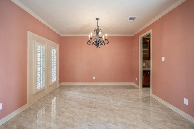 spare room featuring ornamental molding, visible vents, and baseboards