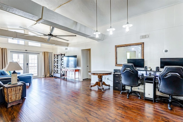 office featuring ceiling fan, lofted ceiling, dark wood-type flooring, and french doors