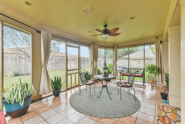 sunroom / solarium featuring ceiling fan and wood ceiling