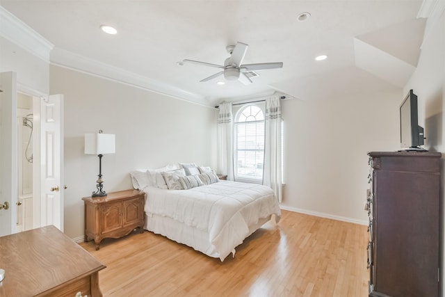 bedroom featuring ceiling fan, light wood-type flooring, and crown molding