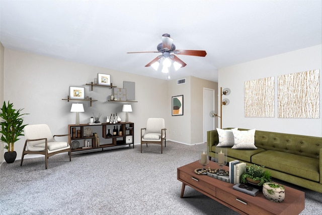 carpeted living room featuring ceiling fan