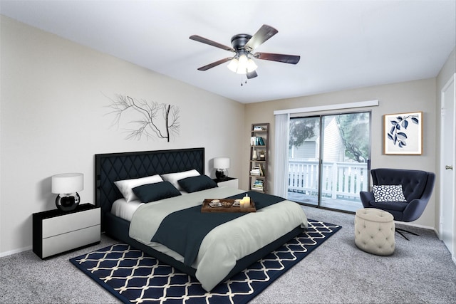 bedroom with access to outside, ceiling fan, and carpet floors