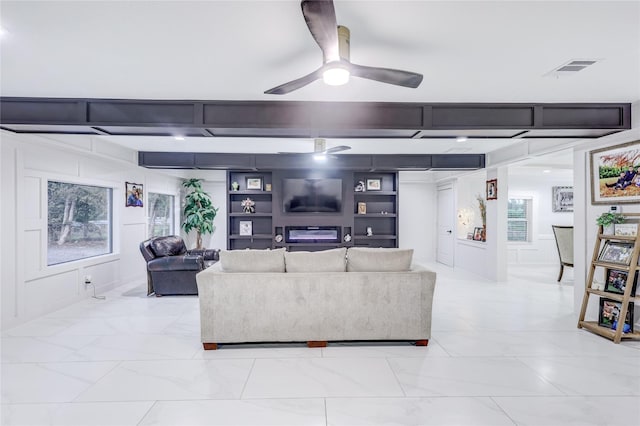 living room with ceiling fan