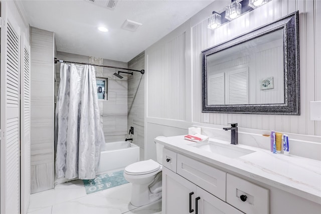 full bathroom featuring shower / tub combo, vanity, and toilet