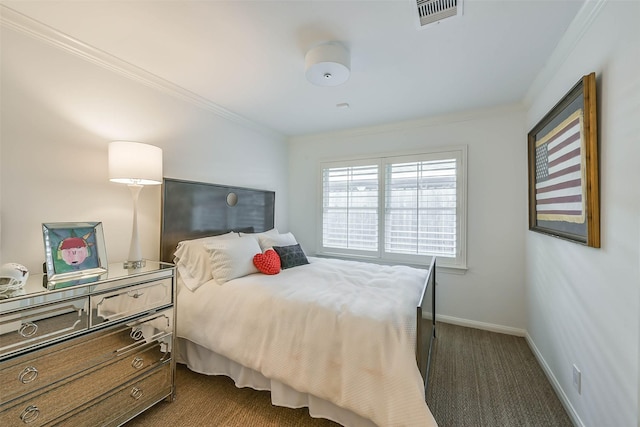 carpeted bedroom with crown molding