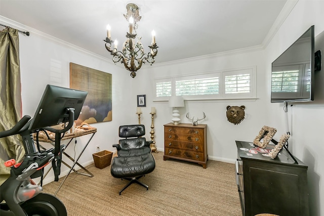 living area with crown molding, light carpet, and a chandelier