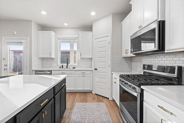 kitchen featuring white cabinetry, sink, stainless steel appliances, backsplash, and light hardwood / wood-style floors