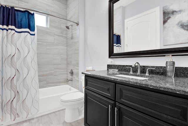 full bathroom with toilet, shower / tub combo with curtain, and vanity