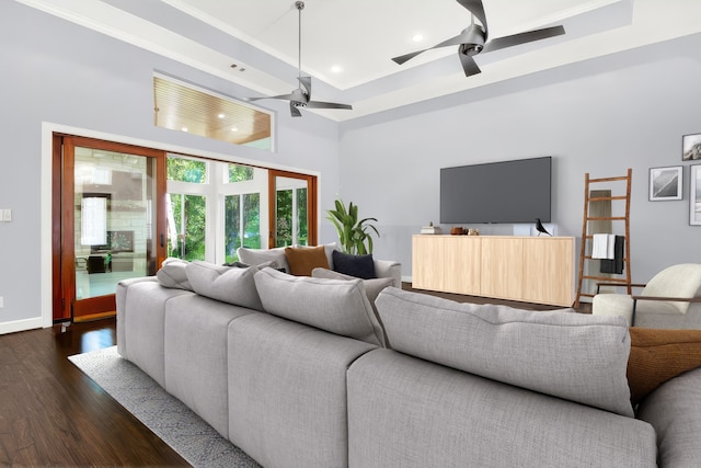 living room with a high ceiling, dark hardwood / wood-style floors, and a tray ceiling