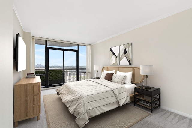 carpeted bedroom with floor to ceiling windows and ornamental molding