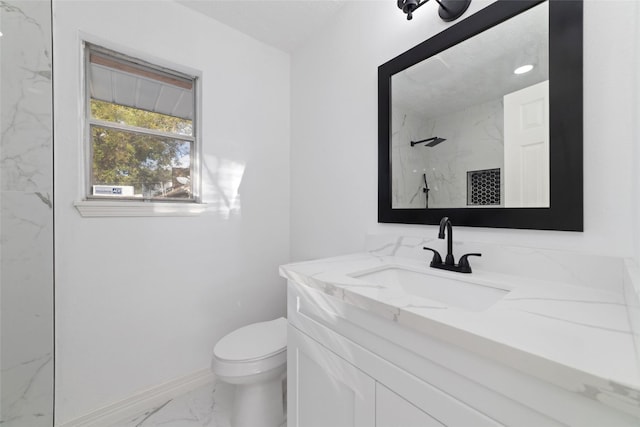 bathroom featuring a shower, vanity, and toilet