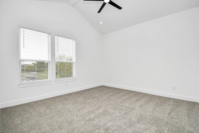 carpeted empty room featuring beamed ceiling, high vaulted ceiling, and ceiling fan