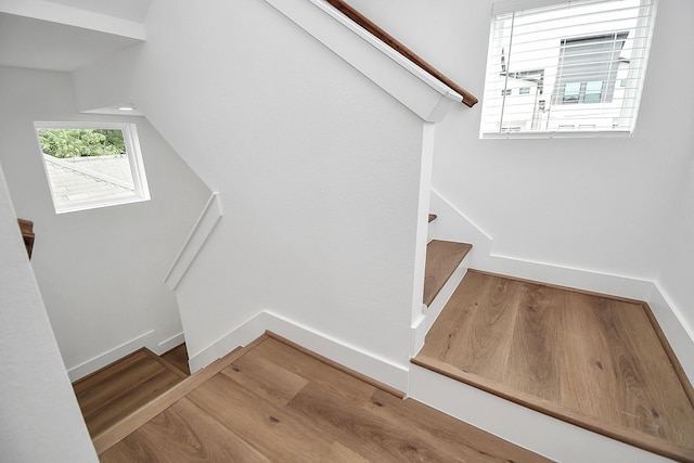 staircase with hardwood / wood-style floors