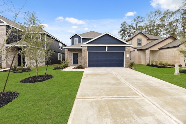 craftsman inspired home featuring a garage and a front lawn