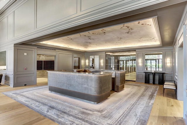 bar with a raised ceiling, ornamental molding, and light wood-type flooring