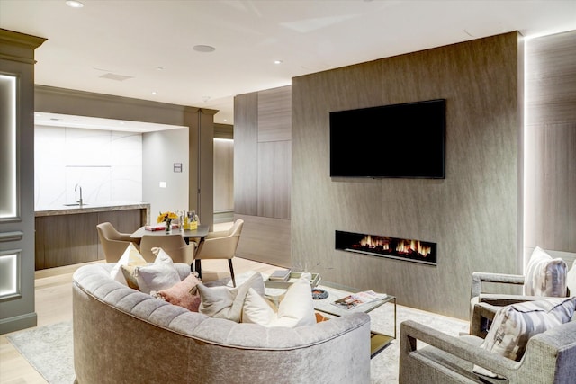 living room with a fireplace, light hardwood / wood-style flooring, and sink