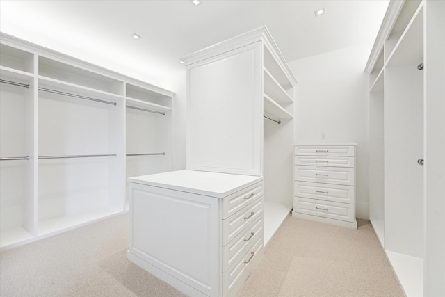 walk in closet with light colored carpet