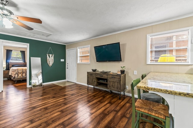 living room with a textured ceiling, ceiling fan, ornamental molding, and dark wood-type flooring