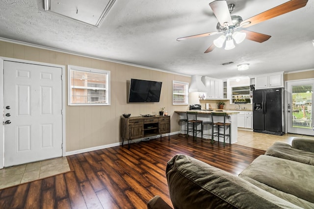 living room with a textured ceiling, crown molding, sink, and dark hardwood / wood-style floors