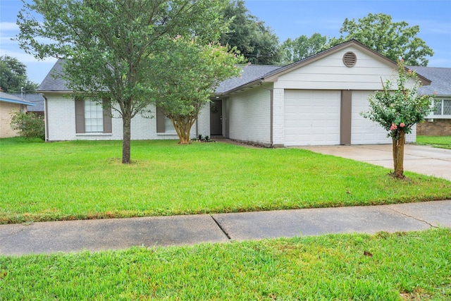 single story home featuring brick siding, a shingled roof, concrete driveway, a garage, and a front lawn