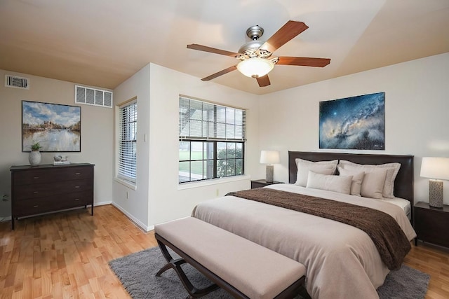 bedroom featuring ceiling fan and light wood-type flooring