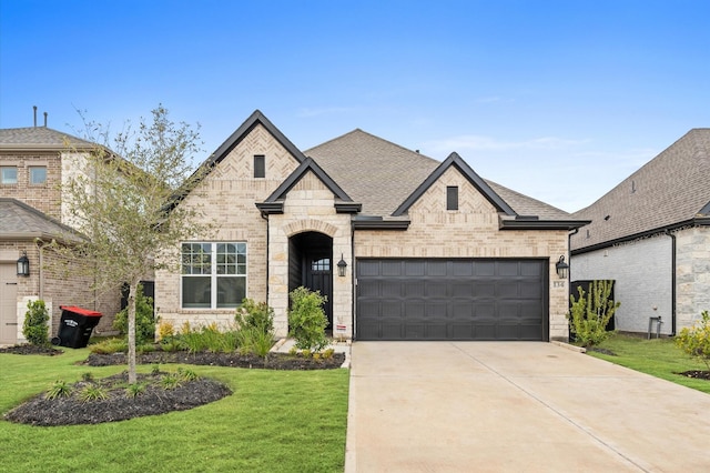 french provincial home featuring a garage and a front lawn