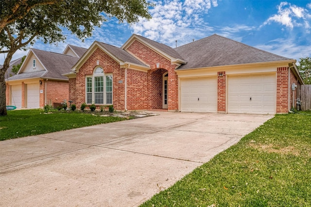 view of front of property featuring a front yard and a garage