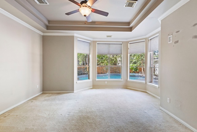 spare room featuring a raised ceiling, crown molding, ceiling fan, and light colored carpet