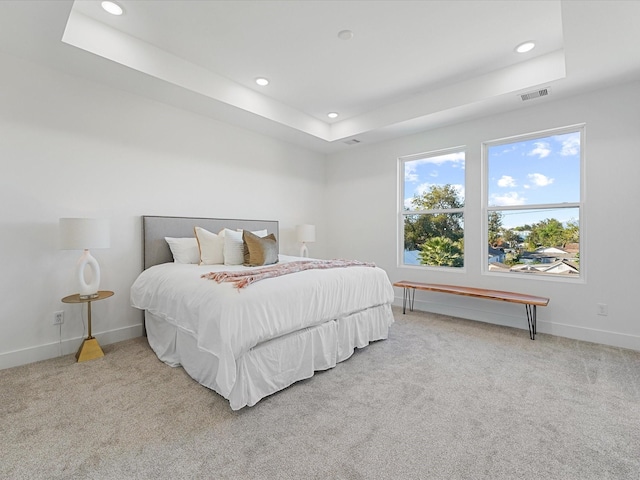 carpeted bedroom with a raised ceiling