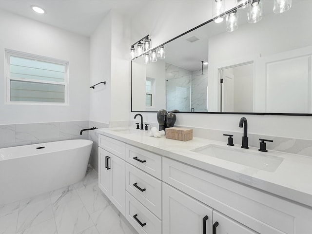 bathroom featuring a wealth of natural light, vanity, tile walls, and shower with separate bathtub