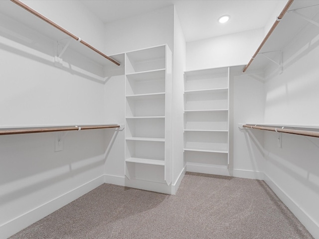 spacious closet featuring light colored carpet