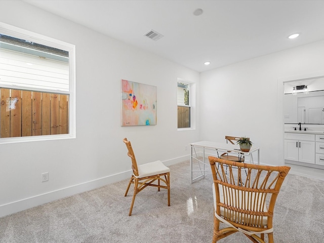 living area with sink and light colored carpet