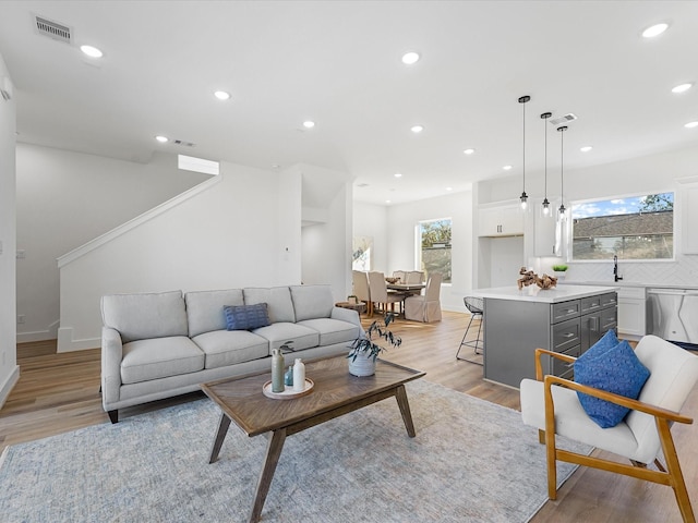 living room featuring a healthy amount of sunlight, light wood-type flooring, and sink