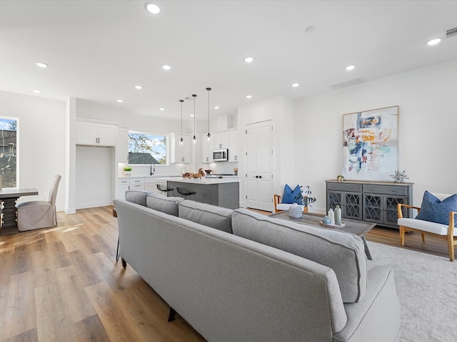 living room featuring light hardwood / wood-style floors and sink