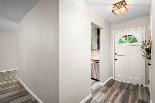 foyer with dark hardwood / wood-style floors