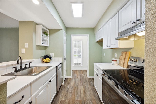 kitchen featuring under cabinet range hood, stainless steel appliances, a sink, white cabinets, and light countertops