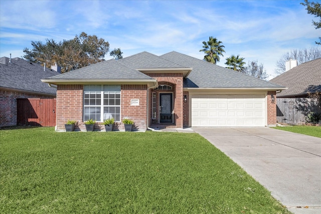 ranch-style house with a garage and a front lawn