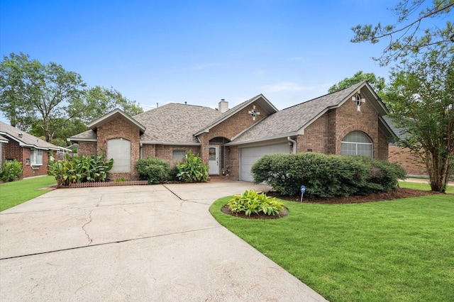 ranch-style home with a garage and a front lawn