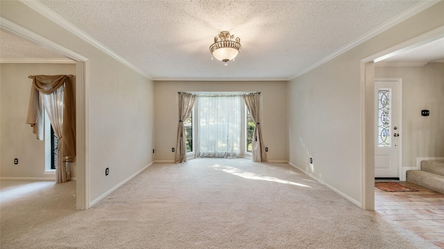 carpeted spare room featuring crown molding and a textured ceiling