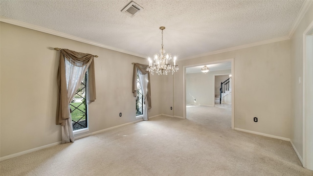 empty room with light carpet, a textured ceiling, and a chandelier