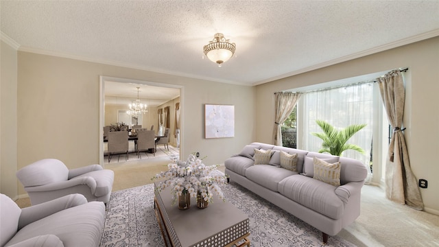 carpeted living room featuring crown molding, a chandelier, and a textured ceiling