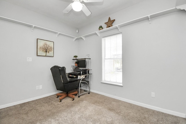 carpeted office space featuring ceiling fan